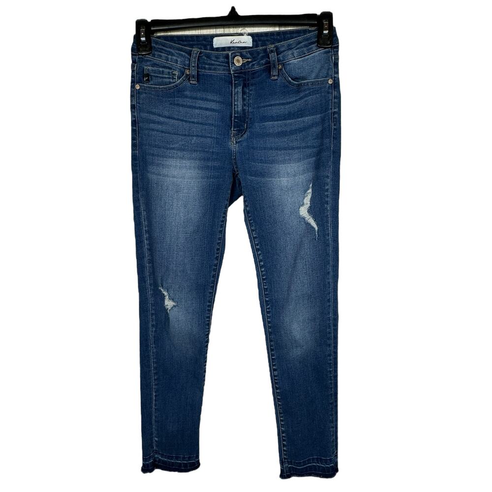 KanCan SZ 7/27 Ankle Jeans Distressed Stretch Zip-Fly Frayed Hems Whiskered Blue